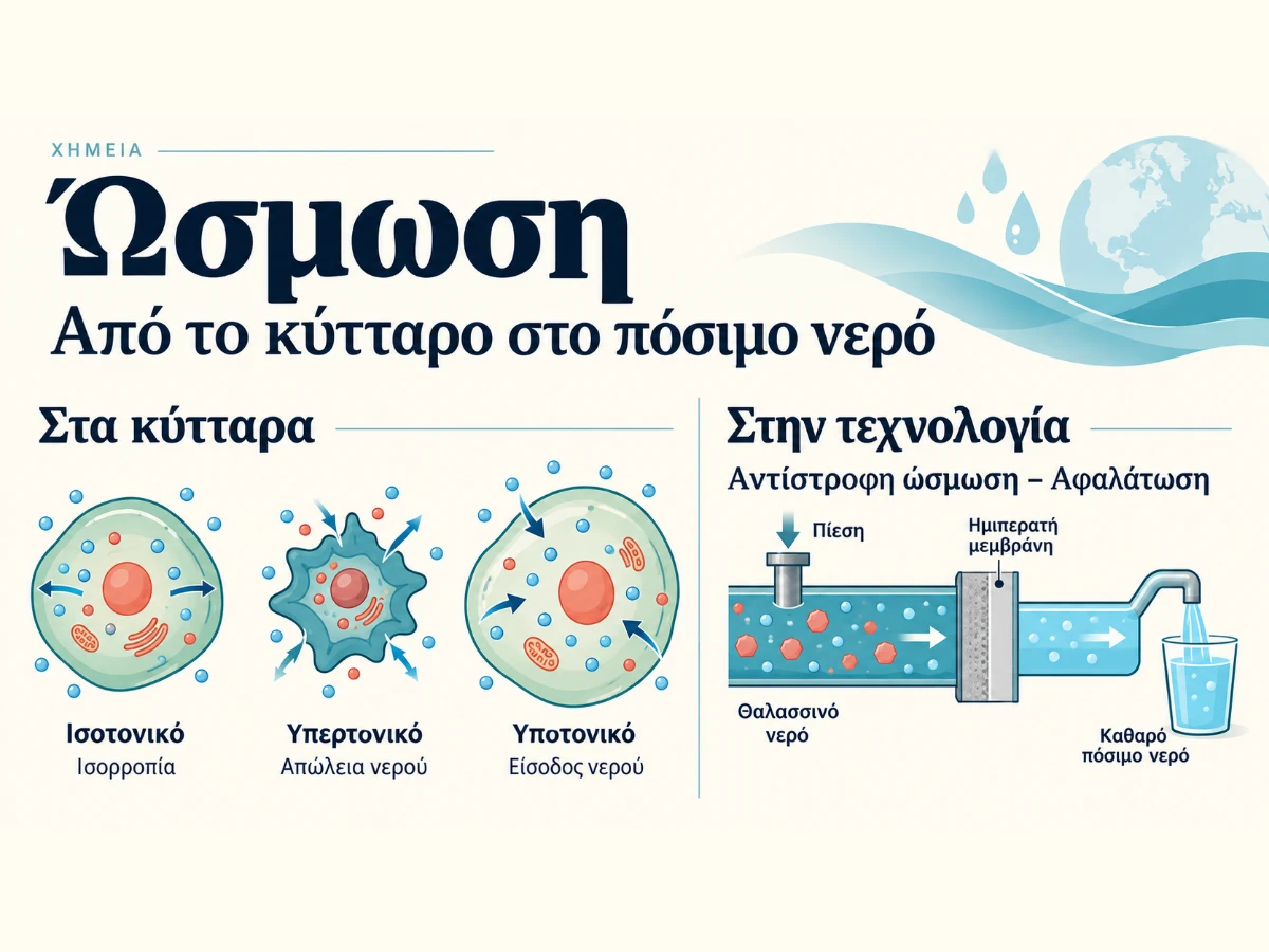 Γραφική αναπαράσταση της ώσμωσης: ισοτονικό, υπερτονικό και υποτονικό κύτταρο, και διάγραμμα αντίστροφης ώσμωσης για αφαλάτωση