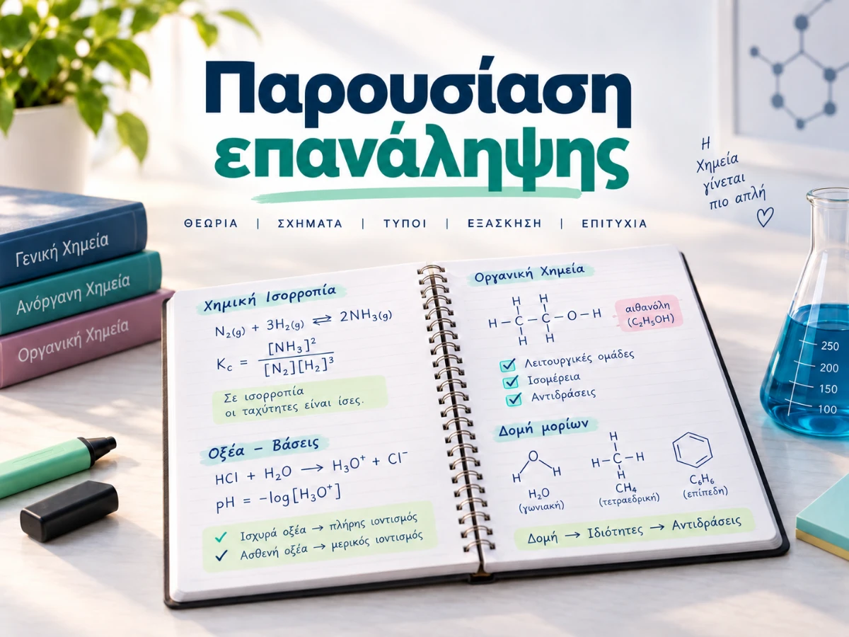 Παρουσίαση επανάληψης Χημείας: χημική ισορροπία, οξέα-βάσεις, οργανική χημεία και δομή μορίων